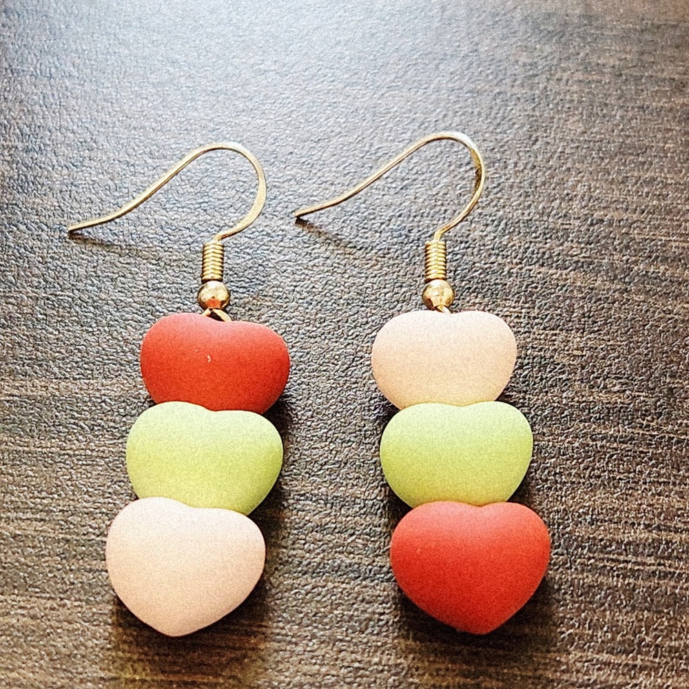 Matte Resin Stacked Heart Drop Earrings Red Green Pink Gold Tone Dangle Hook